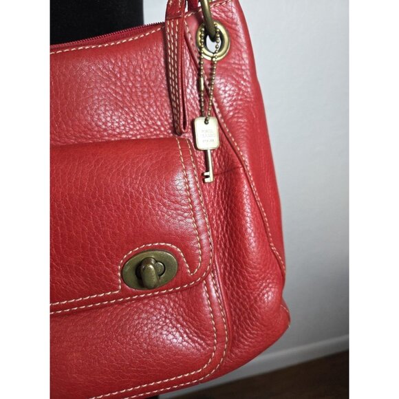 Vtg Fossil Pebbled Leather Burgundy Boho Handbag #75082 with Brass Key - Picture 2 of 10